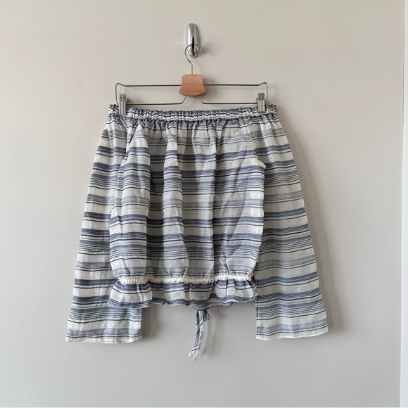 THEORY-STRIPE Silk Blend Off Shoulder Bell Sleeve Blouse (Size:Small) - Picture 3 of 13